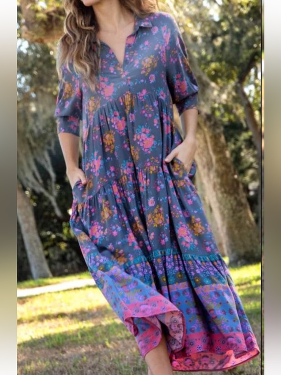 NATURAL LIFE Dresses & Skirts - NATURAL LIFE Charcoal Gray Midi Dress with Pink & Mustard Floral Print